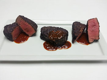 Fillet of Beef Grilled in Coffee Beans with a Velvet Chili Sauce