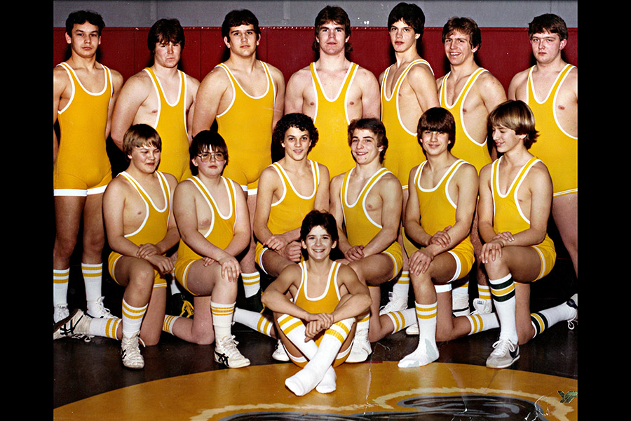The 1984 Whitefish High School wrestling team, pictured two weeks after the bus crash. Top row, left to right: Morris Poncelet, Craig Thrstenson, Allen Lowery, Scott Norby, Joe Tabor, Dennis Spurlock, Time Morehouse Bottom row, left to right: Chris Mee, Mike Bos, Todd Ricker, Brent Halverson, Larry Hanson Photo Courtesy Photo