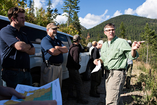 Lands and Resource Manager Paul McKenzie discusses forest management during a tour of F. H. Stoltze land in Haskill Basin on Sept. 4, 2014. Greg Lindstrom | Flathead Beacon