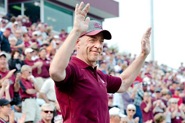 below: J. K. Simmons conducts the Griz Marching Band during UM’s 2012 Homecoming football game. Simmons became the first University of Montana alum to win an Academy Award for acting. The 1978 music graduate won best supporting actor for his role in “Whiplash.” Courtesy Todd Goodrich, UM File Photo