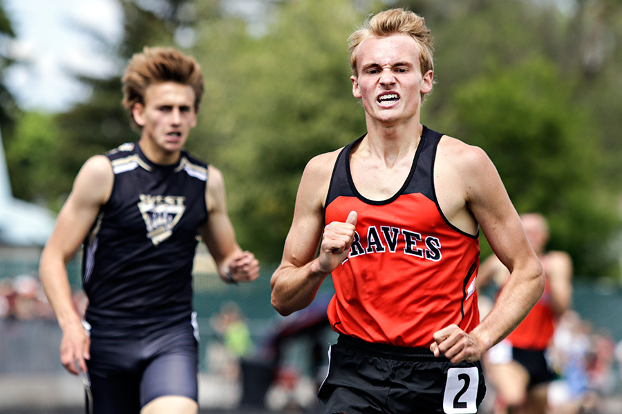 Flathead's Jake Perrin won the 1600-meter run in a time of 4:21.17 at the state track and field championships at Legends Stadium on May 23, 2015. Greg Lindstrom | Flathead Beacon