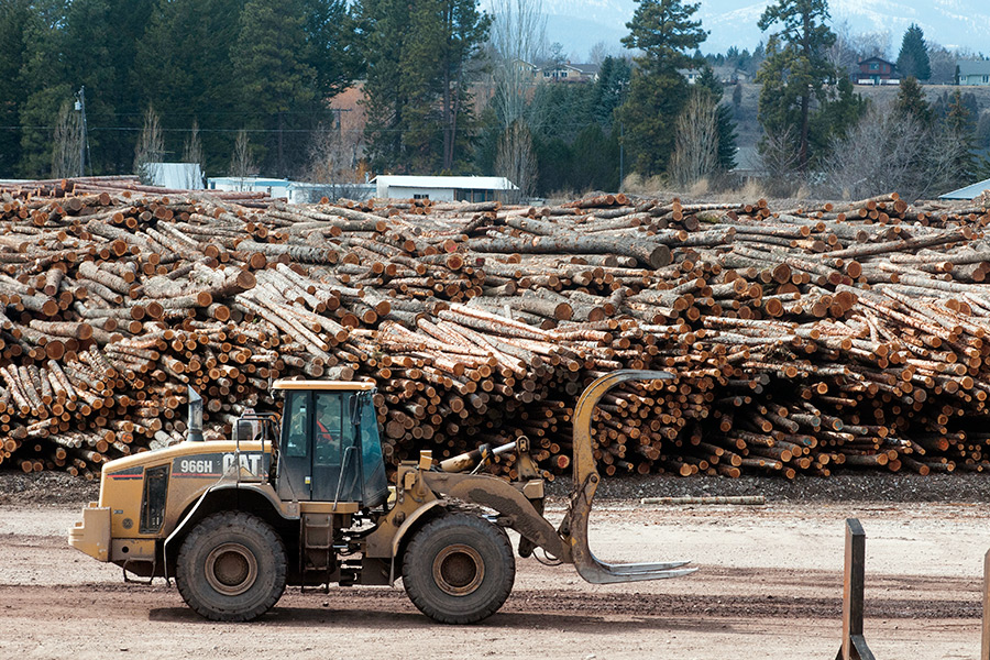 A log loader drives past stacks of logs at the Plum Creek Evergreen mill. Beacon File Photo