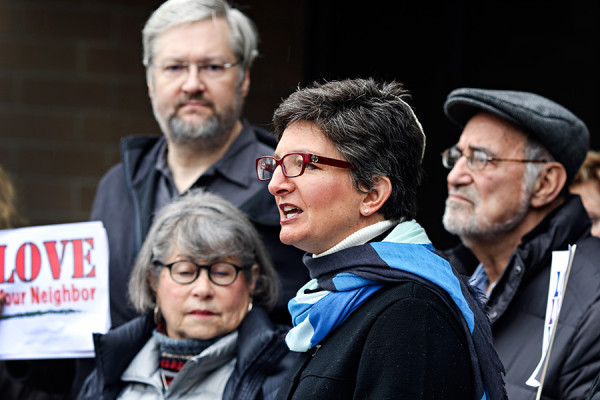 Rabbi Francine Roston, center, Allen Secher, right, and his wife Ina, and Jonathan Hutson, top left, speak to the media about the threats made by David Lenio outside the Flathead County Justice Center on Nov. 9, 2015. Greg Lindstrom | Flathead Beacon