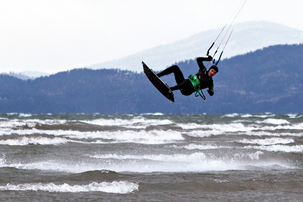 Brandon French kite boards along the north shore of Flathead Lake. Greg Lindstrom | Flathead Beacon