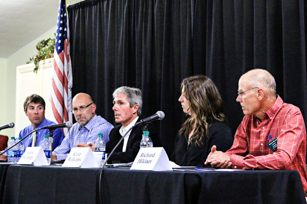 Whitefish city council candidates, from left, John Muhlfeld, John Repke, Frank Sweeney, Katie Williams and Richard Hildner, pictured at a forum in Sept. 2015. Beacon File Photo