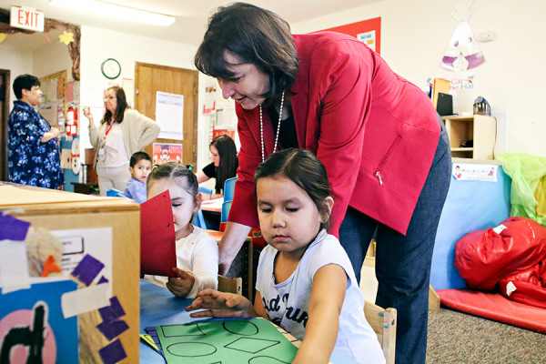 Denise Juneau meets with students at Head Start in Browning on Jan. 27, 2016. Greg Lindstrom | Flathead Beacon