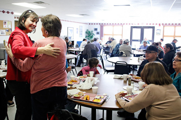 Denise Juneau greets people at the Eagle Shields Senior Center in Browning on Jan. 27, 2016. Greg Lindstrom | Flathead Beacon