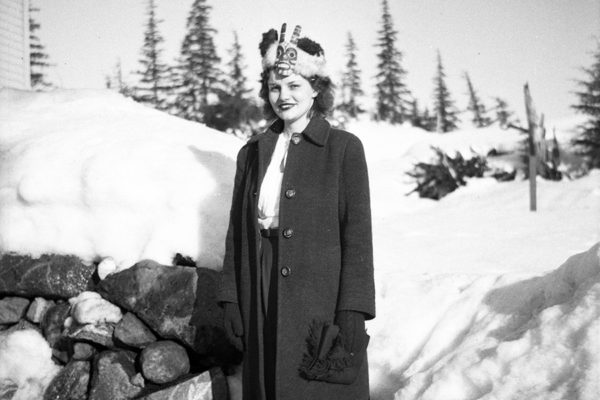 Carlene Brooner in a Yakutat headdress while in Alaska. Photo courtesy of Barbara Brooner. 