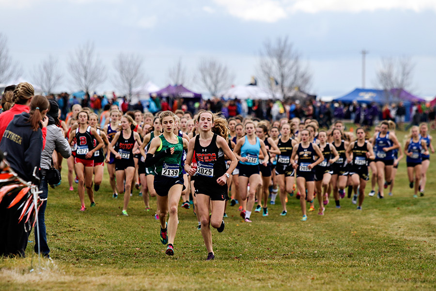 Glacier's Annie Hill and Billings Senior's Tiahna Vladic compete in the Class AA race. Greg Lindstrom | Flathead Beacon