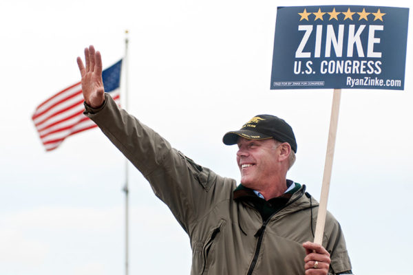 Former state Sen. Ryan Zinke of Whitefish waves to voters at the Flathead County Fairgrounds on Tuesday, June 3, 2014. Greg Lindstrom | Flathead Beacon