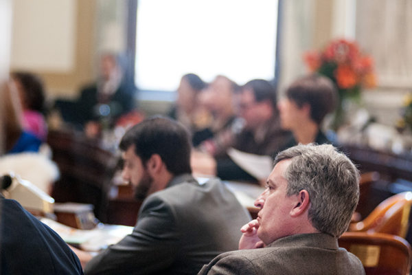 Rep. Frank Garner listens to discussion during the 64th Montana Legislative Session in Helena on April 23, 2015. Greg Lindstrom | Flathead Beacon