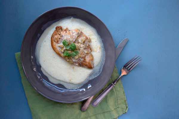 Grits with Chicken and Tomatillo Sauce