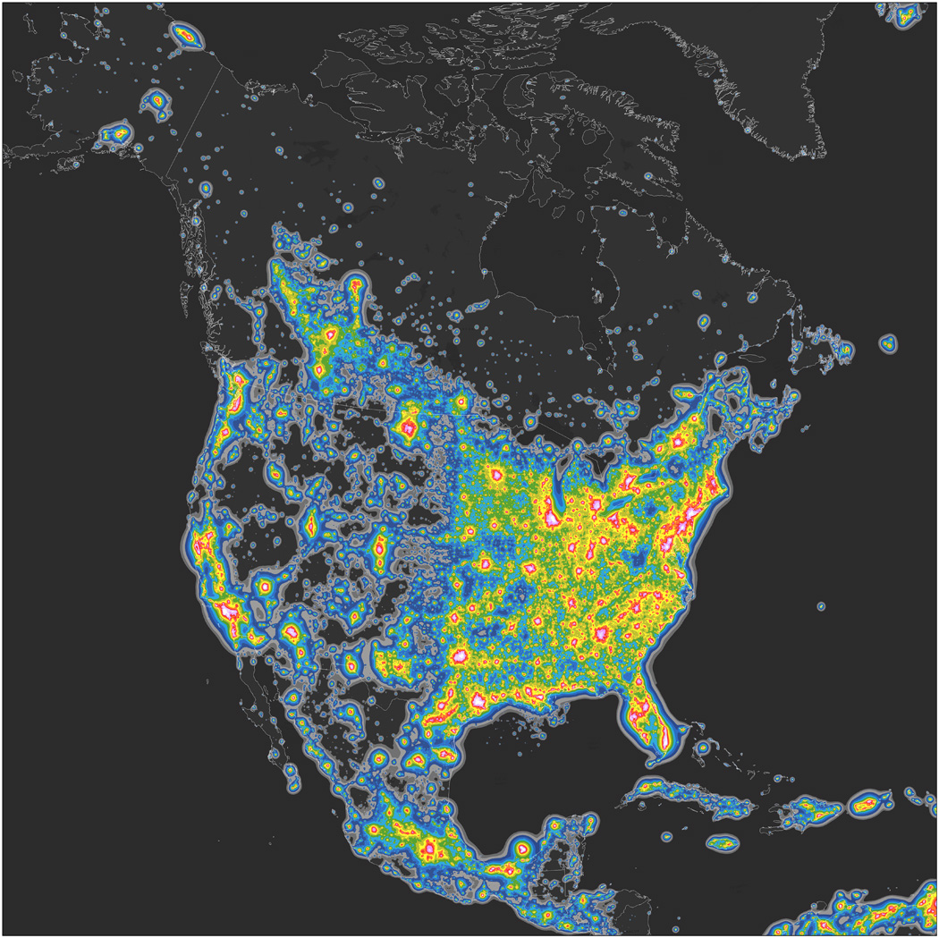 A map of North America's night sky brightness