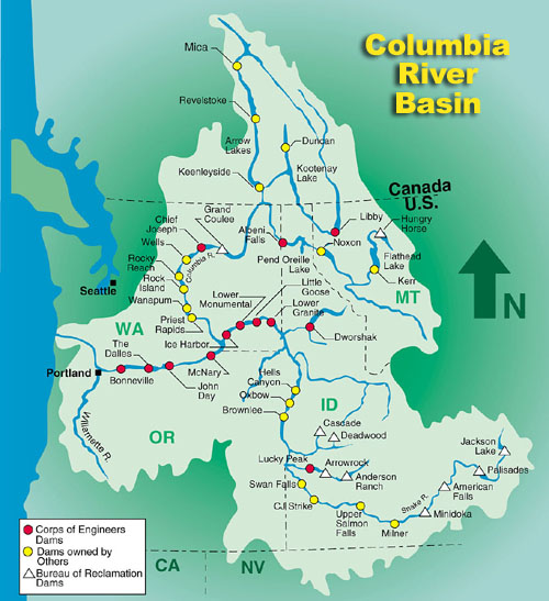 A map of the Columbia River Basin and Columbia River Dams. A red dot indicates U.S. Army Corps of Engineers' dams, a yellow dot indicates dams owned by others, and a white triangle indicates the U.S. Bureau of Reclamation's dams